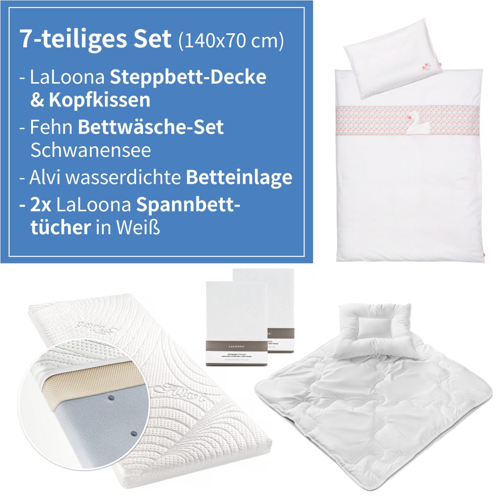  7-tlg. Bett-Set für + + 140x70 - / Steppbett + Schwanensee Spannbetttücher Betteinlage cm Kinderbett Bettwäsche