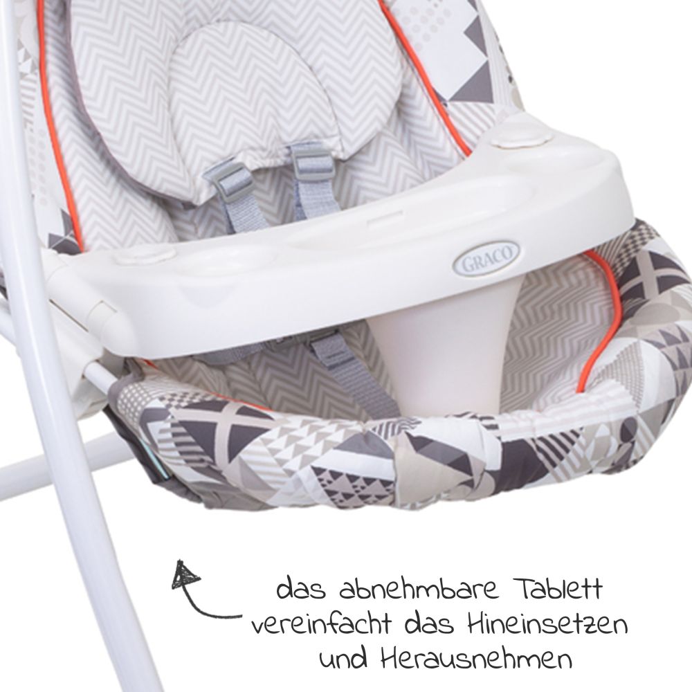 Graco - Schaukel Lovin Patchwork Mobile mit Geburt - Monate ab Grey 9 mit 3 Hug Stoff-Bällen Stofffiguren abnehmbarem Tablett - inkl