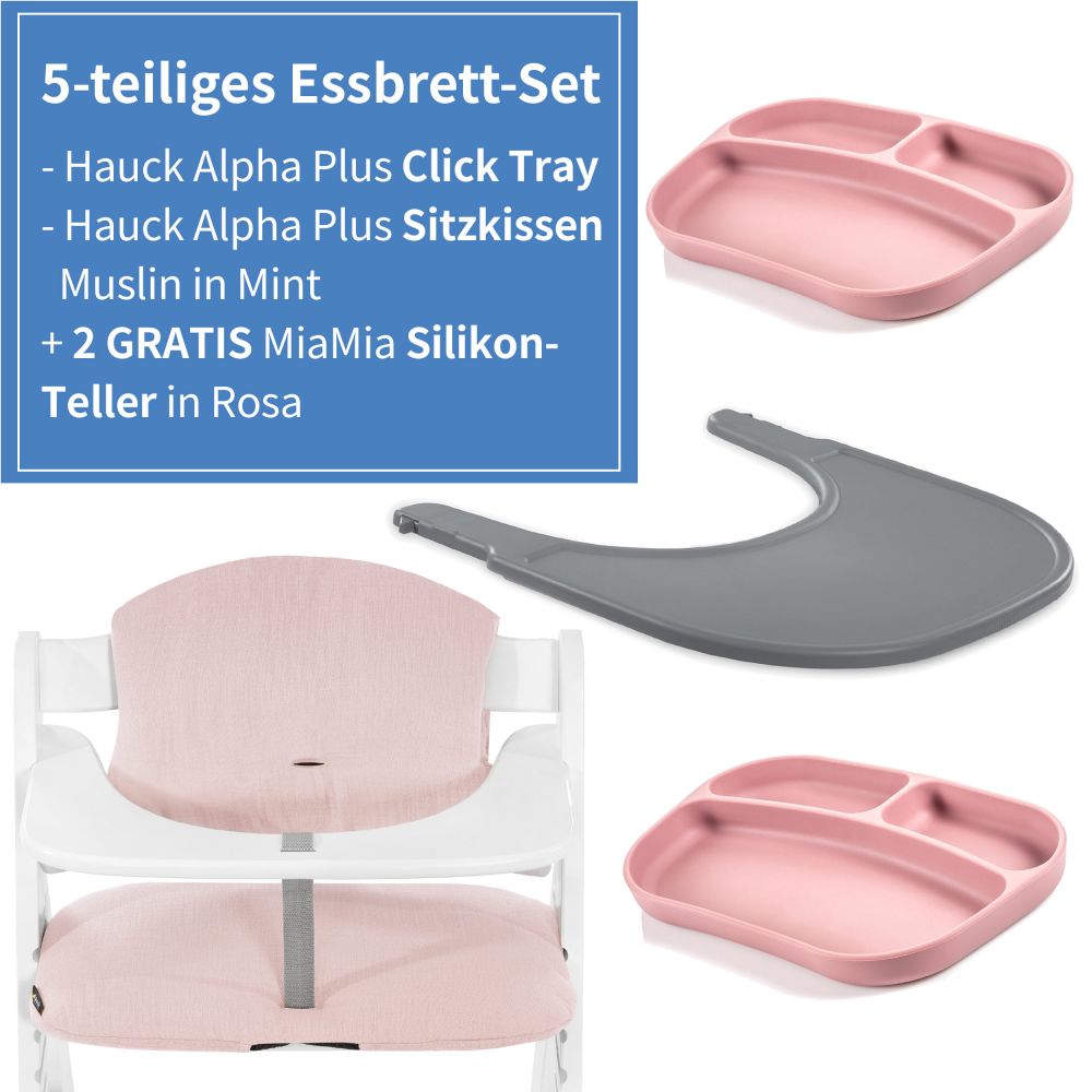 5-piece Dining Board Set for Alpha Plus - Click Tray + Seat Cushion + FREE  2x Silicone Plates - Grey Muslin Rose
