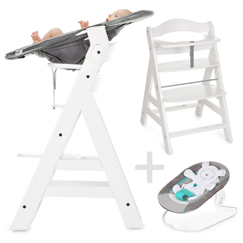 Hauck - Alpha Plus Weiß - Newborn Set - Hochstuhl + Neugeboreneneinsatz &  Wippe 