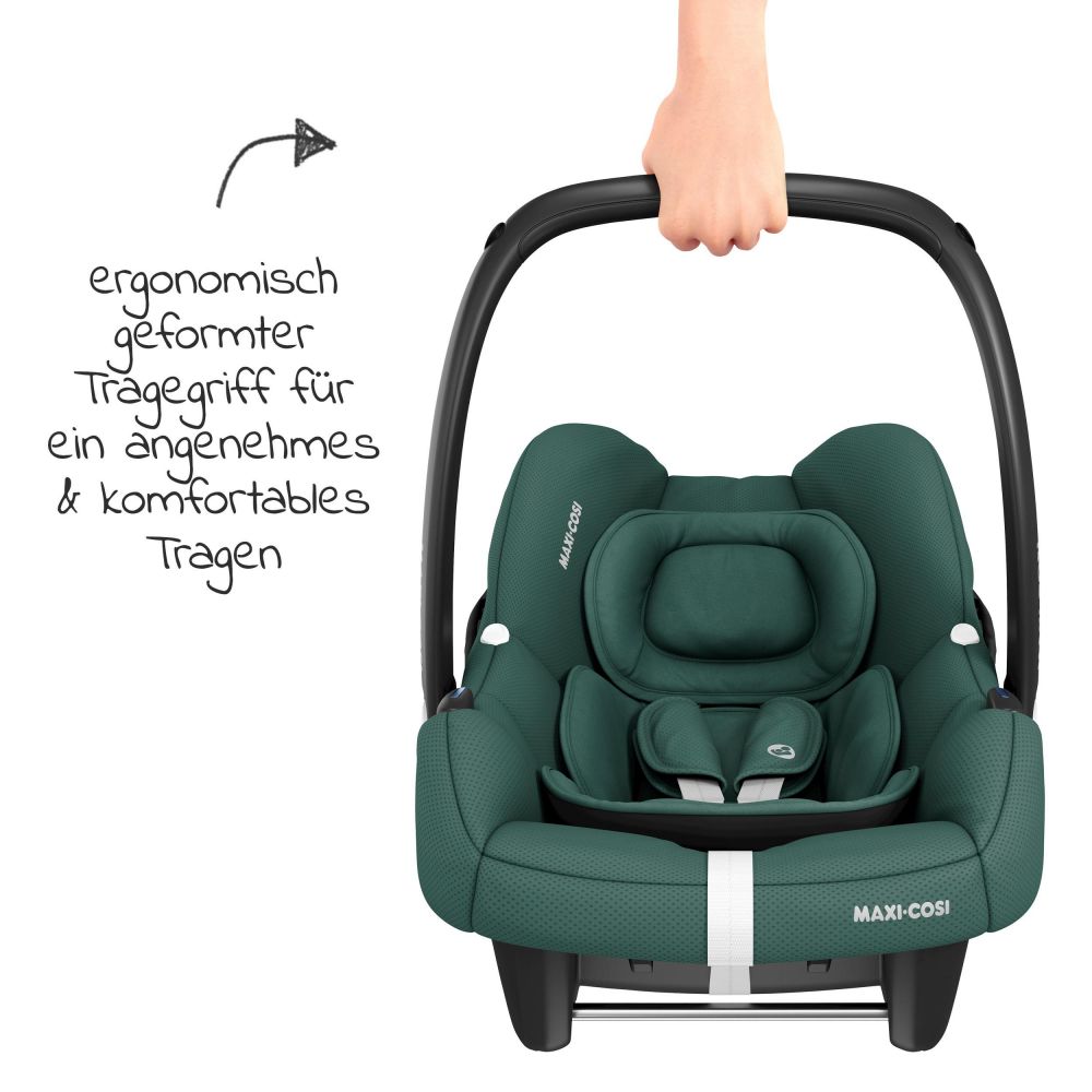 Maxi-Cosi - Babyschale CabrioFix i-Size ab Geburt-12 Monate (40-75 cm) i- Size Base, Einschlagdecke & Schnullerbox - Essential Green