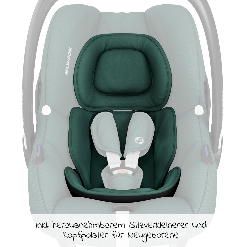 Maxi-Cosi - Babyschale CabrioFix i-Size ab Geburt-12 Monate (40-75 cm)  inkl. i-Size Base, Fußsack & Schnullerbox - Essential Green 