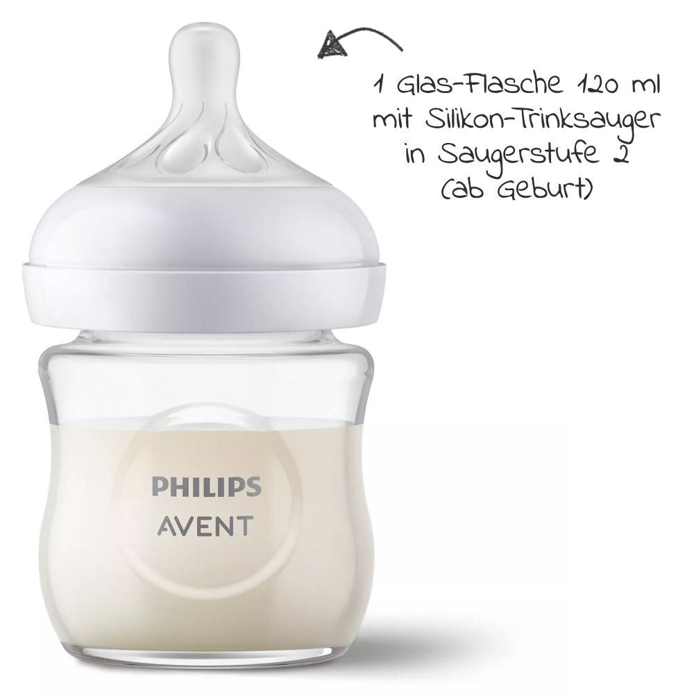Philips Avent - 4-tlg. Starter-Set für Neugeborene - 3 Glas-Flaschen Natural  Response mit Silikon-Saugern + Schnuller Ultra Soft 0-6M 