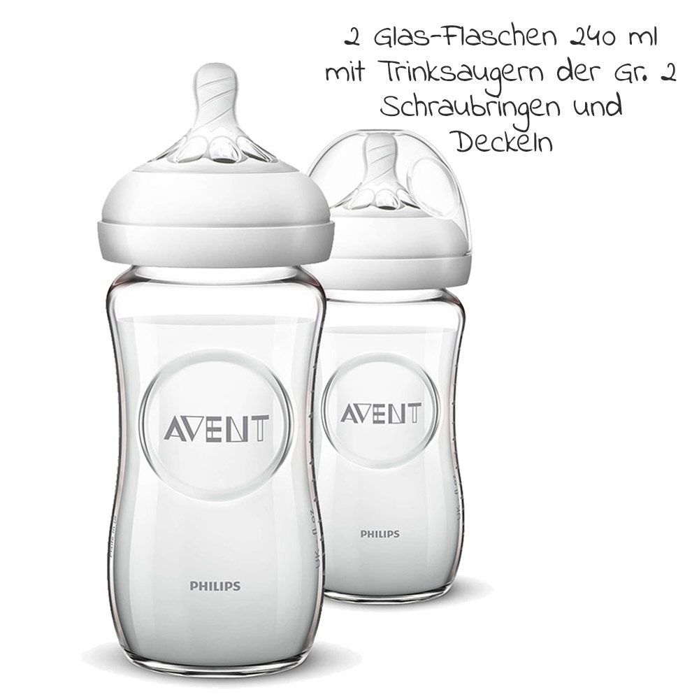 Philips Avent - Premium Starter-Set Glas Natural 9-tlg. - Babykostwärmer + Babyflasche + Flaschenbürste + 3x -