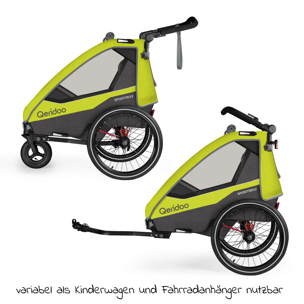 Qeridoo - Kinderfahrradanhänger & Buggy Sportrex 2 Lt. Edition für 2 Kinder  mit Kupplung, Dämpfsystem (bis 60kg) - Lime Green
