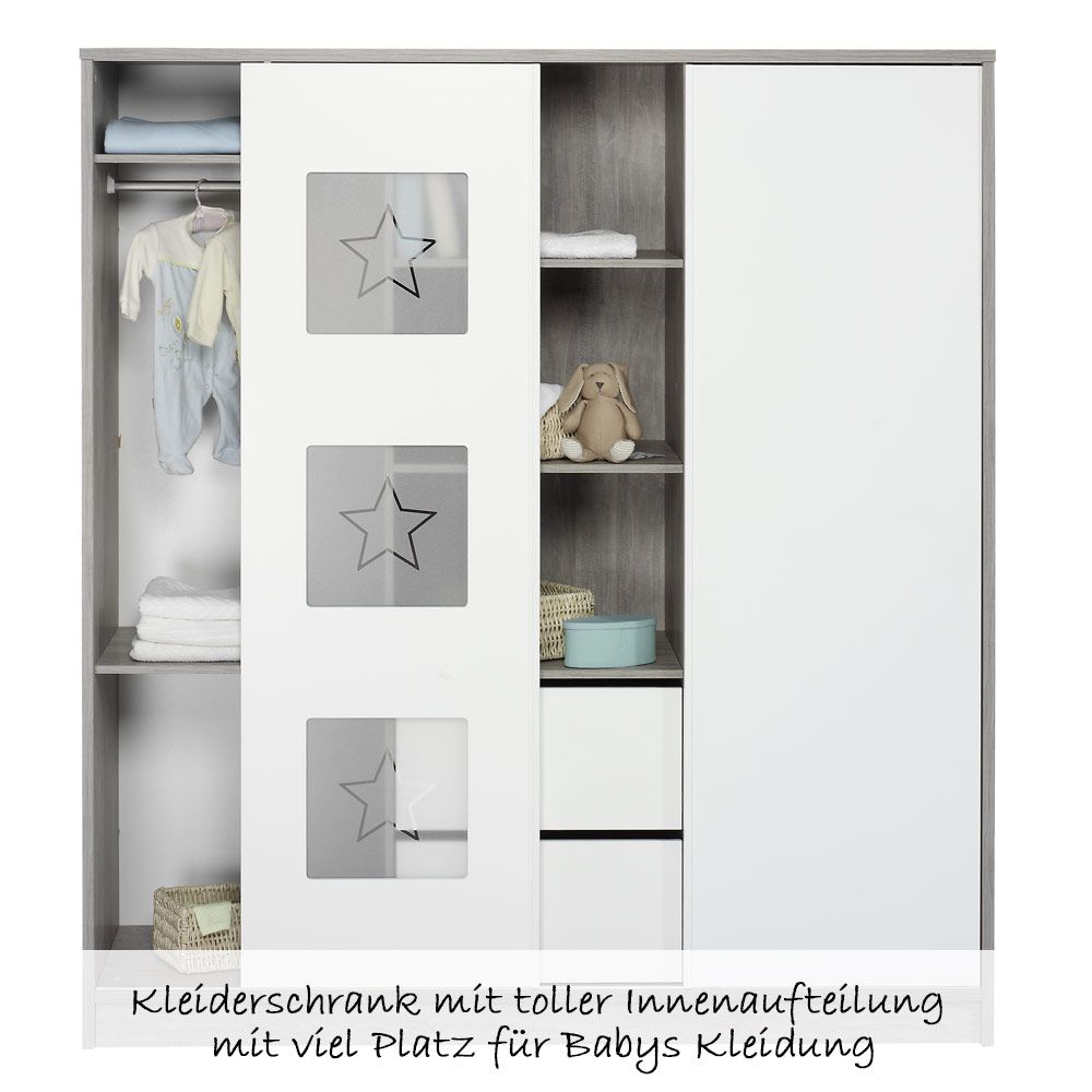 - mit Star inkl. Schiebetürschrank Sternchen Schardt Kinderzimmer Eco Textilkollektion Grau 15-tlg.