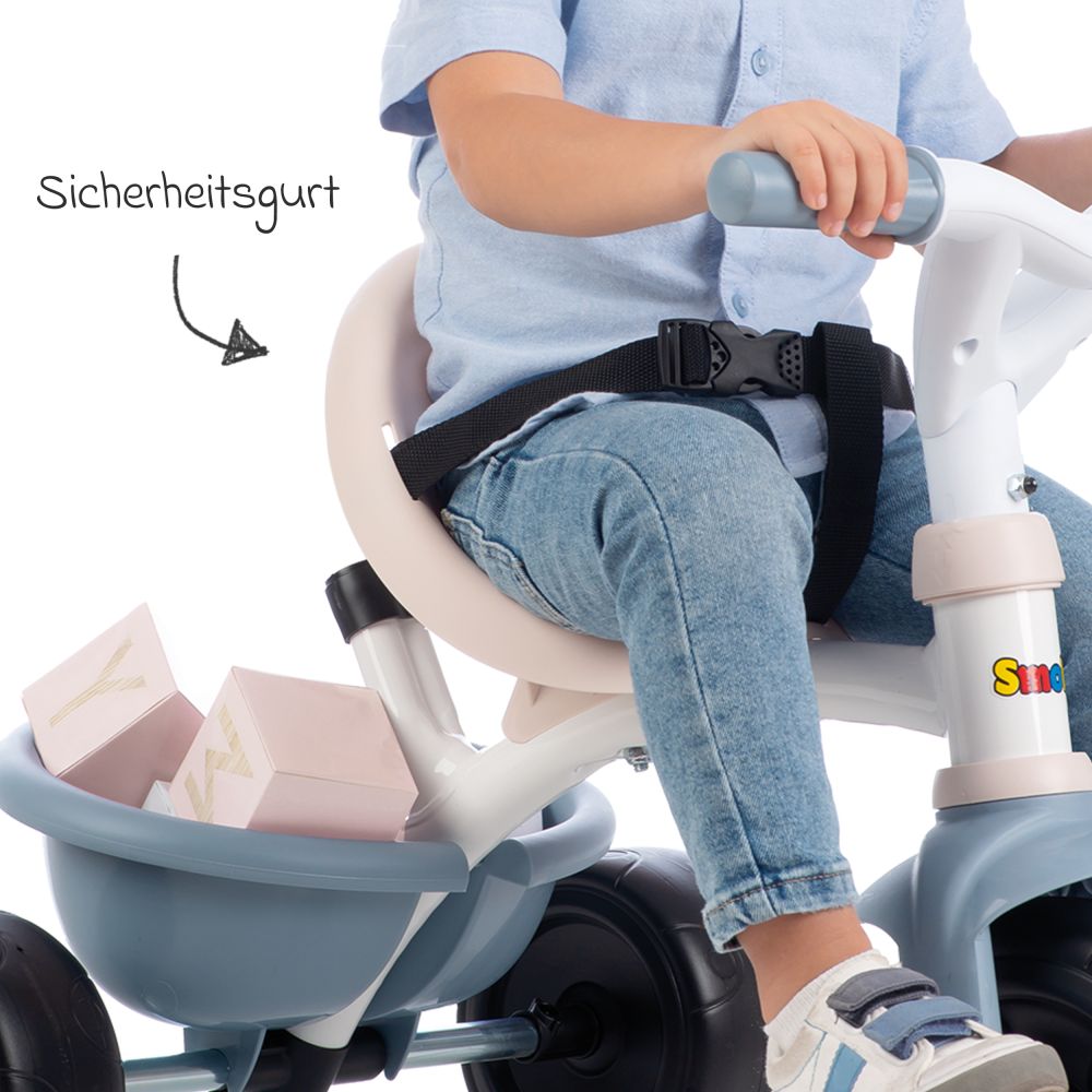 Smoby Toys Komfort Be - Blau - & mit Gurt, - Sicherheitsbügel, Dreirad Fun Fußstützen Schiebestange