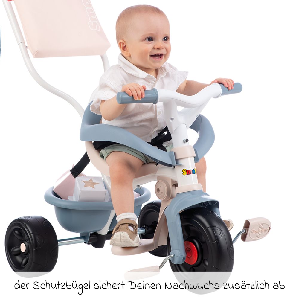 - - Gurt, Be - Blau Fußstützen Smoby & Toys Dreirad Fun Sicherheitsbügel, mit Schiebestange Komfort