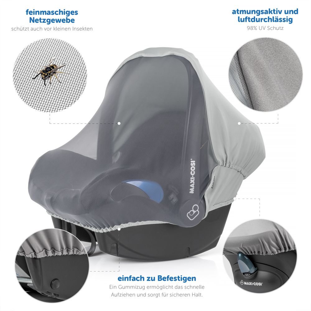 Zamboo - 3in1 Verdeck für Babyschale Sonnenschutz, Insektenschutz und  Schlummer-Cover - Grau 