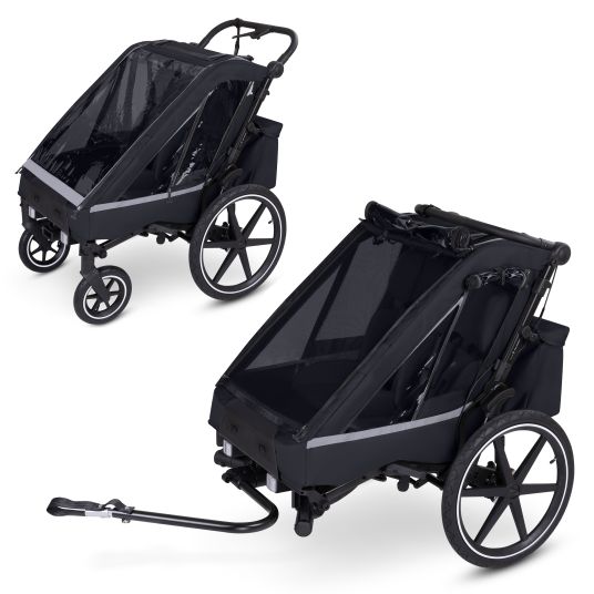 ABC Design Rimorchio per bici e passeggino 3in1 per 2 bambini con sistema frenante, sedili confortevoli, tettuccio con zanzariera, parapioggia e protezione solare (fino a 49 kg) - Ink