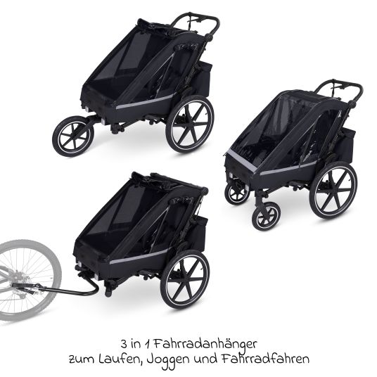 ABC Design 3in1 bike trailer and stroller tour for 2 children with brake system, comfort seats, canopy with mosquito net, rain cover & sun protection (up to 49 kg) - Ink