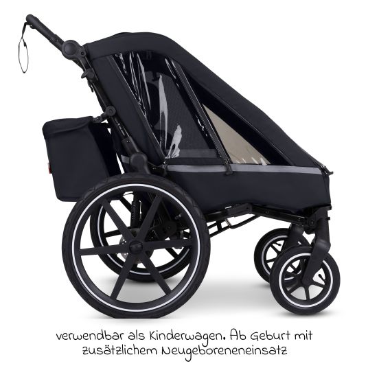 ABC Design Rimorchio per bici e passeggino 3in1 per 2 bambini con sistema frenante, sedili confortevoli, tettuccio con zanzariera, parapioggia e protezione solare (fino a 49 kg) - Ink