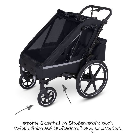 ABC Design 3in1 bike trailer and stroller tour for 2 children with brake system, comfort seats, canopy with mosquito net, rain cover & sun protection (up to 49 kg) - Ink