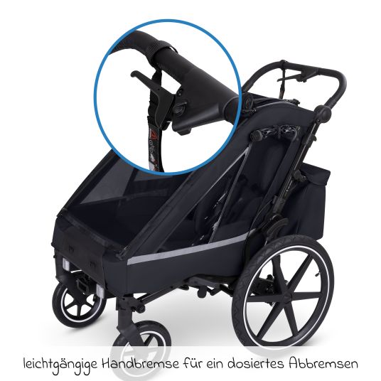 ABC Design Rimorchio per bici e passeggino 3in1 per 2 bambini con sistema frenante, sedili confortevoli, tettuccio con zanzariera, parapioggia e protezione solare (fino a 49 kg) - Ink