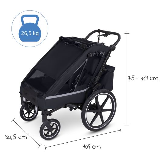 ABC Design Rimorchio per bici e passeggino 3in1 per 2 bambini con sistema frenante, sedili confortevoli, tettuccio con zanzariera, parapioggia e protezione solare (fino a 49 kg) - Ink