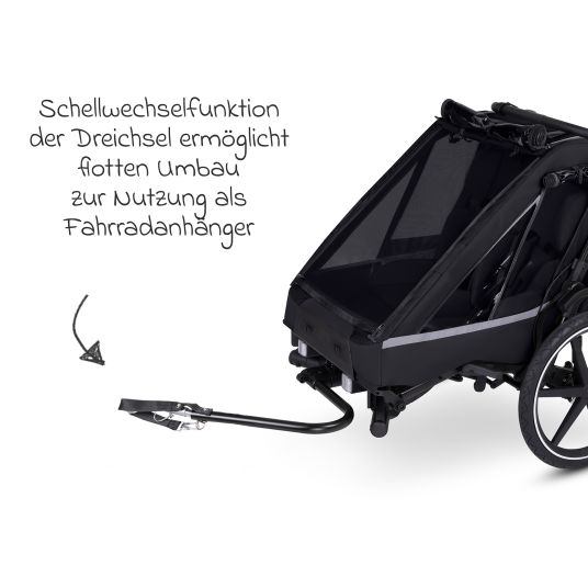 ABC Design 3in1 bike trailer and stroller tour for 2 children with brake system, comfort seats, canopy with mosquito net, rain cover & sun protection (up to 49 kg) - Ink