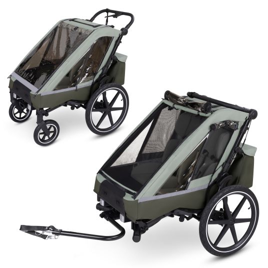 ABC Design 3in1 Fahrradanhänger und Kinderwagen Tour für 2 Kinder mit Bremssystem, Komfortsitze, Verdeck mit Moskitonetz, Regenschutz & Sonnenschutz (bis 49 kg) - Olive