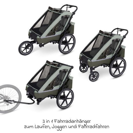 ABC Design Rimorchio per bici e passeggino 3in1 per 2 bambini con sistema frenante, sedili confortevoli, tettuccio con zanzariera, parapioggia e protezione solare (fino a 49 kg) - Olive