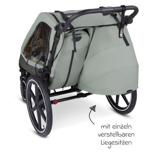 ABC Design Rimorchio per bici e passeggino 3in1 per 2 bambini con sistema frenante, sedili confortevoli, tettuccio con zanzariera, parapioggia e protezione solare (fino a 49 kg) - Olive