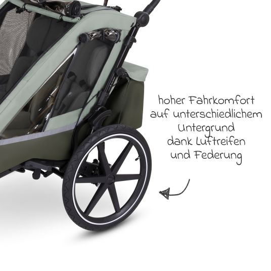 ABC Design 3in1 Fahrradanhänger und Kinderwagen Tour für 2 Kinder mit Bremssystem, Komfortsitze, Verdeck mit Moskitonetz, Regenschutz & Sonnenschutz (bis 49 kg) - Olive