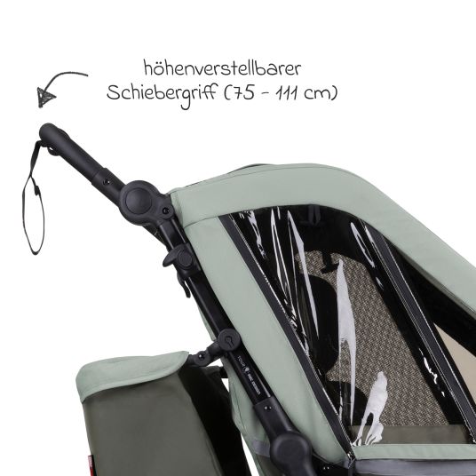 ABC Design Rimorchio per bici e passeggino 3in1 per 2 bambini con sistema frenante, sedili confortevoli, tettuccio con zanzariera, parapioggia e protezione solare (fino a 49 kg) - Olive