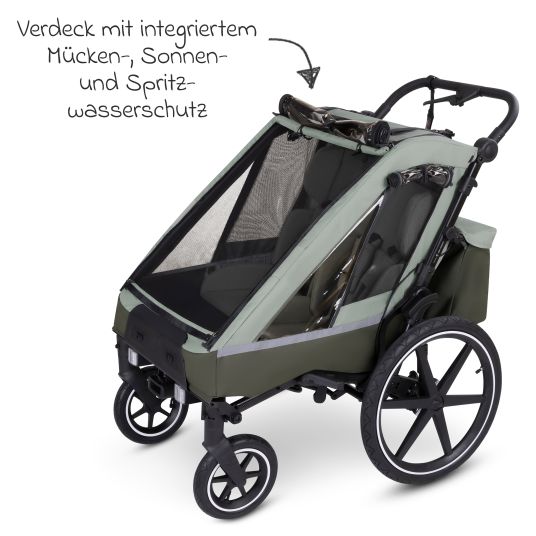 ABC Design 3in1 Fahrradanhänger und Kinderwagen Tour für 2 Kinder mit Bremssystem, Komfortsitze, Verdeck mit Moskitonetz, Regenschutz & Sonnenschutz (bis 49 kg) - Olive