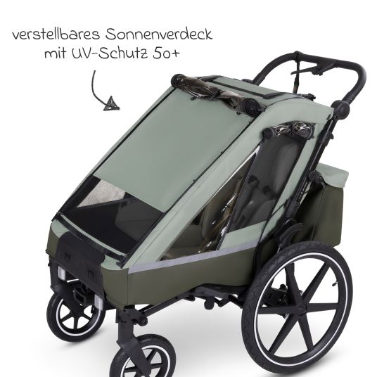 ABC Design Rimorchio per bici e passeggino 3in1 per 2 bambini con sistema frenante, sedili confortevoli, tettuccio con zanzariera, parapioggia e protezione solare (fino a 49 kg) - Olive