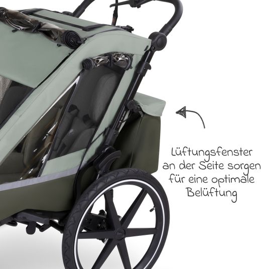 ABC Design Rimorchio per bici e passeggino 3in1 per 2 bambini con sistema frenante, sedili confortevoli, tettuccio con zanzariera, parapioggia e protezione solare (fino a 49 kg) - Olive