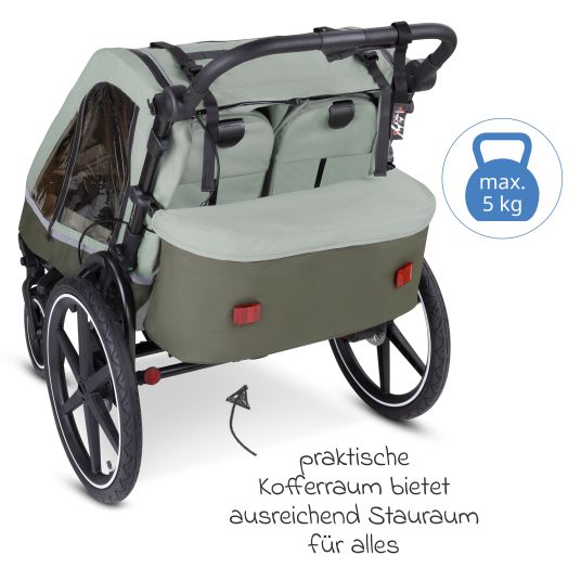 ABC Design Rimorchio per bici e passeggino 3in1 per 2 bambini con sistema frenante, sedili confortevoli, tettuccio con zanzariera, parapioggia e protezione solare (fino a 49 kg) - Olive