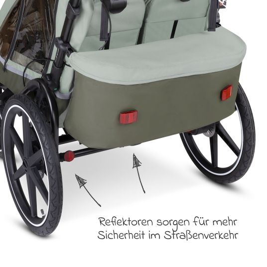 ABC Design Rimorchio per bici e passeggino 3in1 per 2 bambini con sistema frenante, sedili confortevoli, tettuccio con zanzariera, parapioggia e protezione solare (fino a 49 kg) - Olive