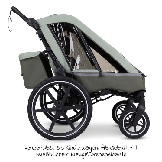 ABC Design 3in1 bike trailer and stroller tour for 2 children with brake system, comfort seats, canopy with mosquito net, rain cover & sun protection (up to 49 kg) - Olive