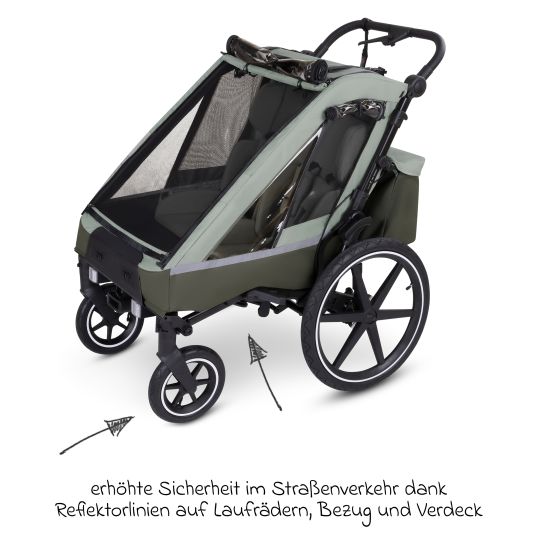 ABC Design Rimorchio per bici e passeggino 3in1 per 2 bambini con sistema frenante, sedili confortevoli, tettuccio con zanzariera, parapioggia e protezione solare (fino a 49 kg) - Olive