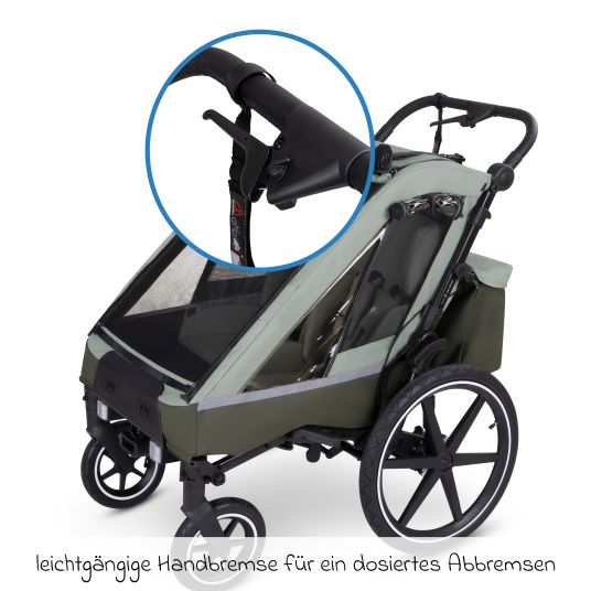 ABC Design Rimorchio per bici e passeggino 3in1 per 2 bambini con sistema frenante, sedili confortevoli, tettuccio con zanzariera, parapioggia e protezione solare (fino a 49 kg) - Olive