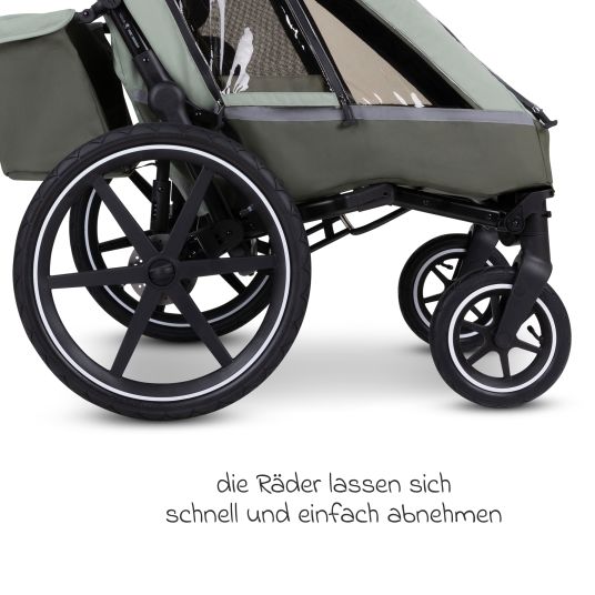 ABC Design 3in1 bike trailer and stroller tour for 2 children with brake system, comfort seats, canopy with mosquito net, rain cover & sun protection (up to 49 kg) - Olive