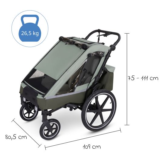 ABC Design Rimorchio per bici e passeggino 3in1 per 2 bambini con sistema frenante, sedili confortevoli, tettuccio con zanzariera, parapioggia e protezione solare (fino a 49 kg) - Olive