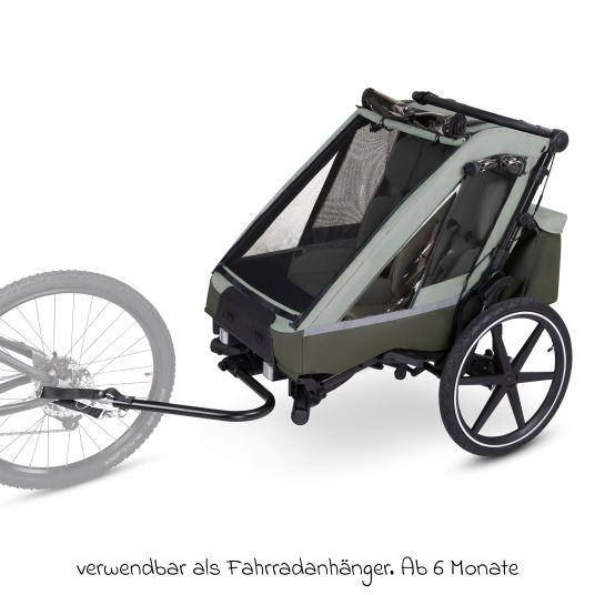 ABC Design Rimorchio per bici e passeggino 3in1 per 2 bambini con sistema frenante, sedili confortevoli, tettuccio con zanzariera, parapioggia e protezione solare (fino a 49 kg) - Olive