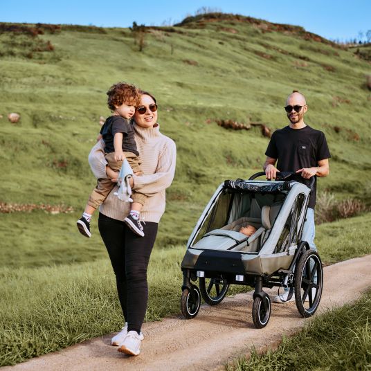 ABC Design 3in1 Fahrradanhänger und Kinderwagen Tour für 2 Kinder mit Bremssystem, Komfortsitze, Verdeck mit Moskitonetz, Regenschutz & Sonnenschutz (bis 49 kg) - Olive