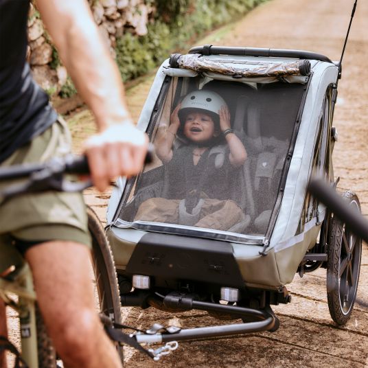 ABC Design Rimorchio per bici e passeggino 3in1 per 2 bambini con sistema frenante, sedili confortevoli, tettuccio con zanzariera, parapioggia e protezione solare (fino a 49 kg) - Olive