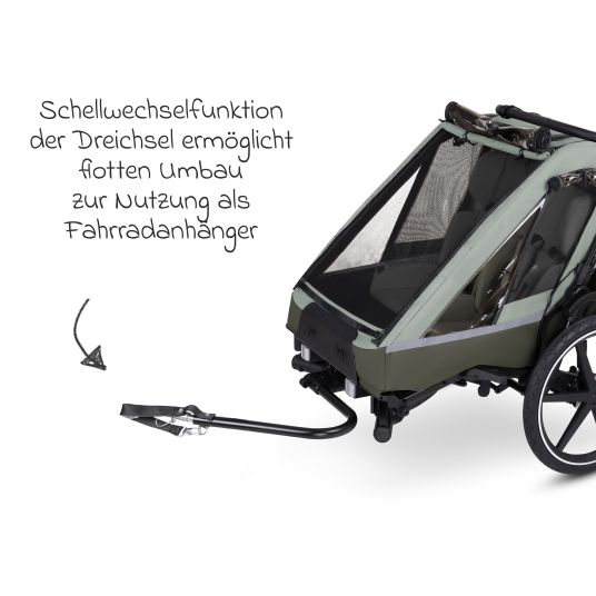 ABC Design 3in1 bike trailer and stroller tour for 2 children with brake system, comfort seats, canopy with mosquito net, rain cover & sun protection (up to 49 kg) - Olive