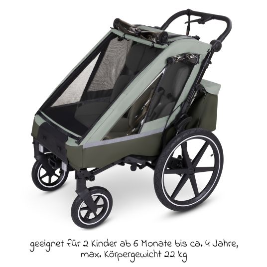 ABC Design 3in1 Fahrradanhänger und Kinderwagen Tour für 2 Kinder mit Bremssystem, Komfortsitze, Verdeck mit Moskitonetz, Regenschutz & Sonnenschutz (bis 49 kg) - Olive