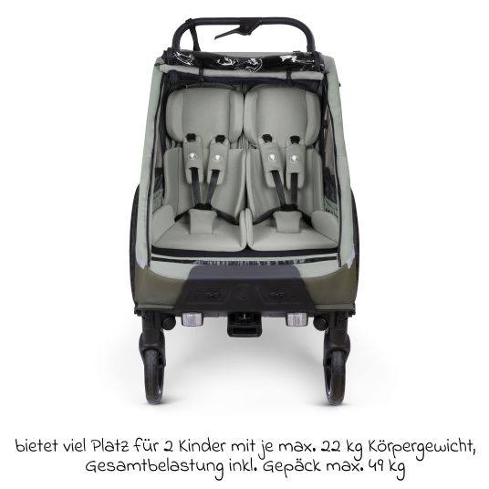 ABC Design 3in1 bike trailer and stroller tour for 2 children with brake system, comfort seats, canopy with mosquito net, rain cover & sun protection (up to 49 kg) - Olive