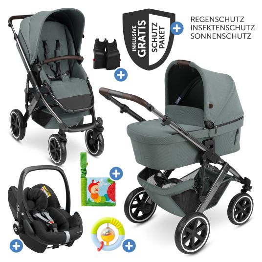 ABC Design 3in1 Kinderwagen-Set Salsa 4 Air - inkl. Babywanne, Autositz Pebble Pro, Sportsitz, Greifling, Buggybuch und XXL Zubehörpaket - Aloe