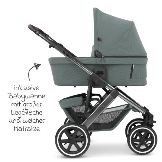 ABC Design 3in1 Kinderwagen-Set Salsa 4 Air - inkl. Babywanne, Autositz Pebble Pro, Sportsitz, Greifling, Buggybuch und XXL Zubehörpaket - Aloe