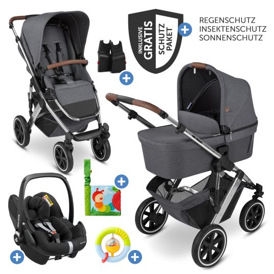 ABC Design Set passeggino 3in1 Salsa 4 Air - include navicella, seggiolino Pebble Pro, seggiolino sportivo, giocattolo da afferrare, libro del passeggino e pacchetto accessori XXL - Asfalto