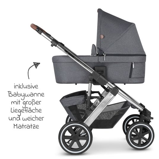 ABC Design 3in1 Kinderwagen-Set Salsa 4 Air - inkl. Babywanne, Autositz Pebble Pro, Sportsitz, Greifling, Buggybuch und XXL Zubehörpaket - Asphalt