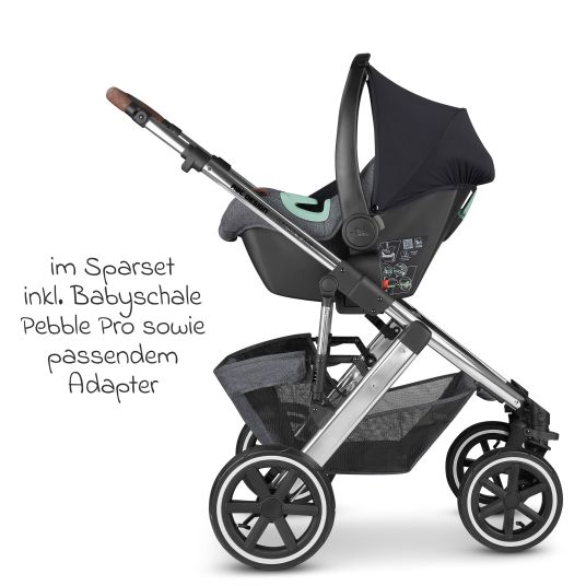 ABC Design 3in1 Kinderwagen-Set Salsa 4 Air - inkl. Babywanne, Autositz Pebble Pro, Sportsitz, Greifling, Buggybuch und XXL Zubehörpaket - Asphalt