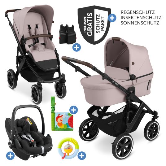 ABC Design Set passeggino 3in1 Salsa 4 Air - include navicella, seggiolino auto Pebble Pro, seggiolino sportivo, giocattolo da afferrare, libro per passeggino e pacchetto accessori XXL - Pure Edition - Berry