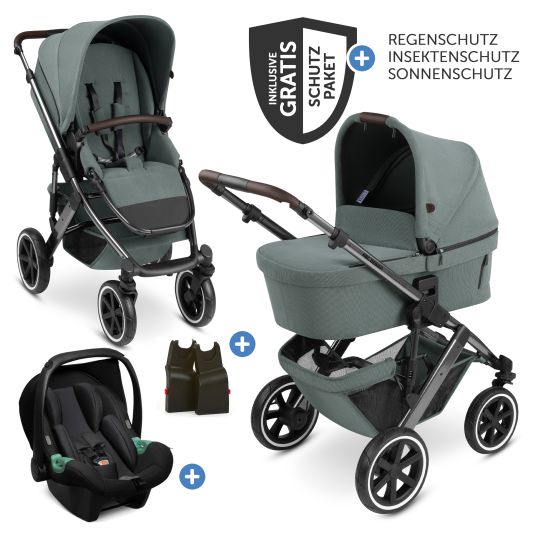 ABC Design Set passeggino 3in1 Salsa 4 Air - incluso navicella, seggiolino auto Tulip, seggiolino sportivo con pacchetto accessori XXL - Aloe