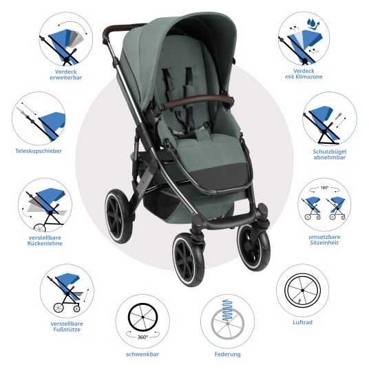 ABC Design Set passeggino 3in1 Salsa 4 Air - incluso navicella, seggiolino auto Tulip, seggiolino sportivo con pacchetto accessori XXL - Aloe