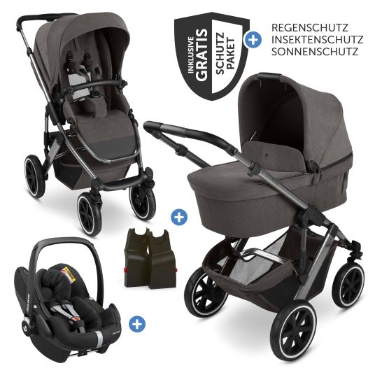 ABC Design Set passeggino 3in1 Salsa 5 Air - incluso navicella, seggiolino auto Pebble Pro, seggiolino sportivo con pacchetto accessori XXL - Almond